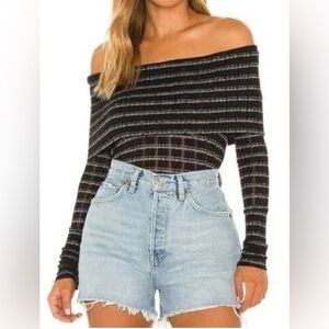 Free People Snow Bunny Girlfriend ribbed Off-Shoulder Striped Black Sweater